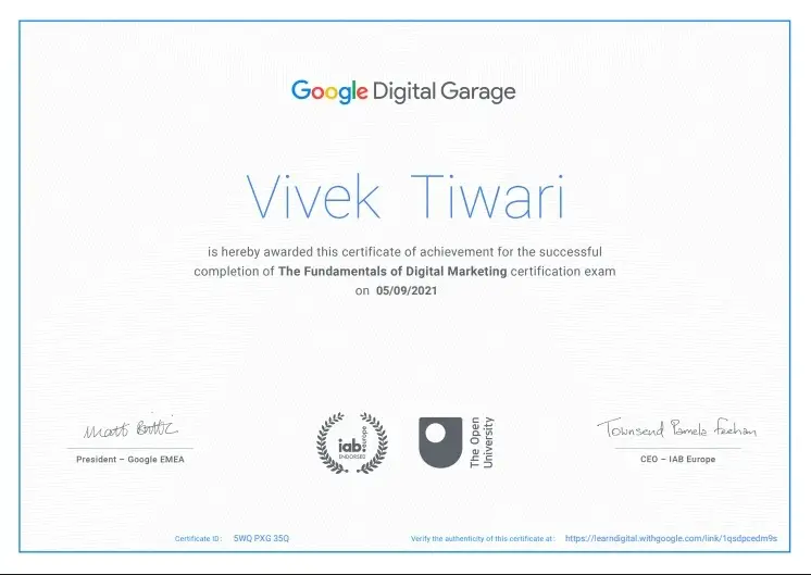 Home digital marketing certificate by google